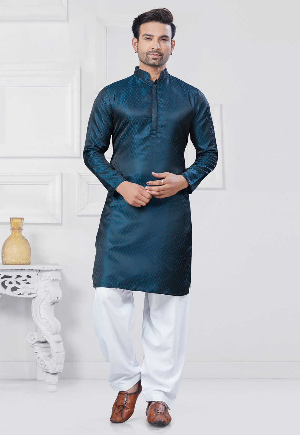 Teal Jacquard Silk Pathani Suit 307352