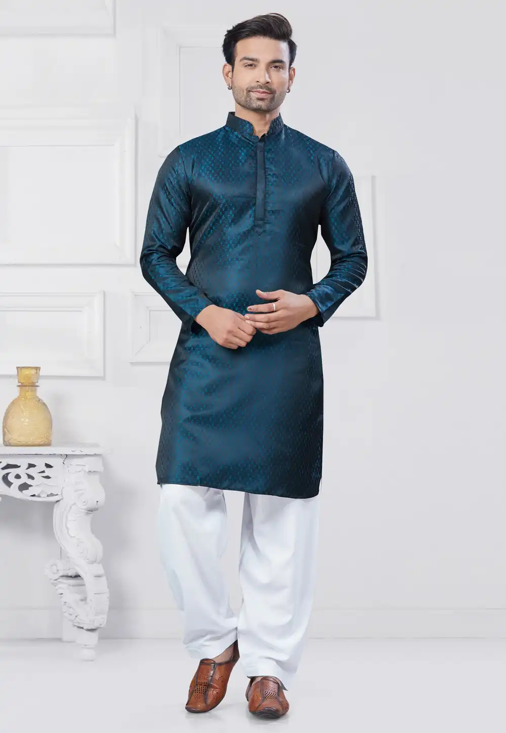 Teal Jacquard Silk Pathani Suit 307352