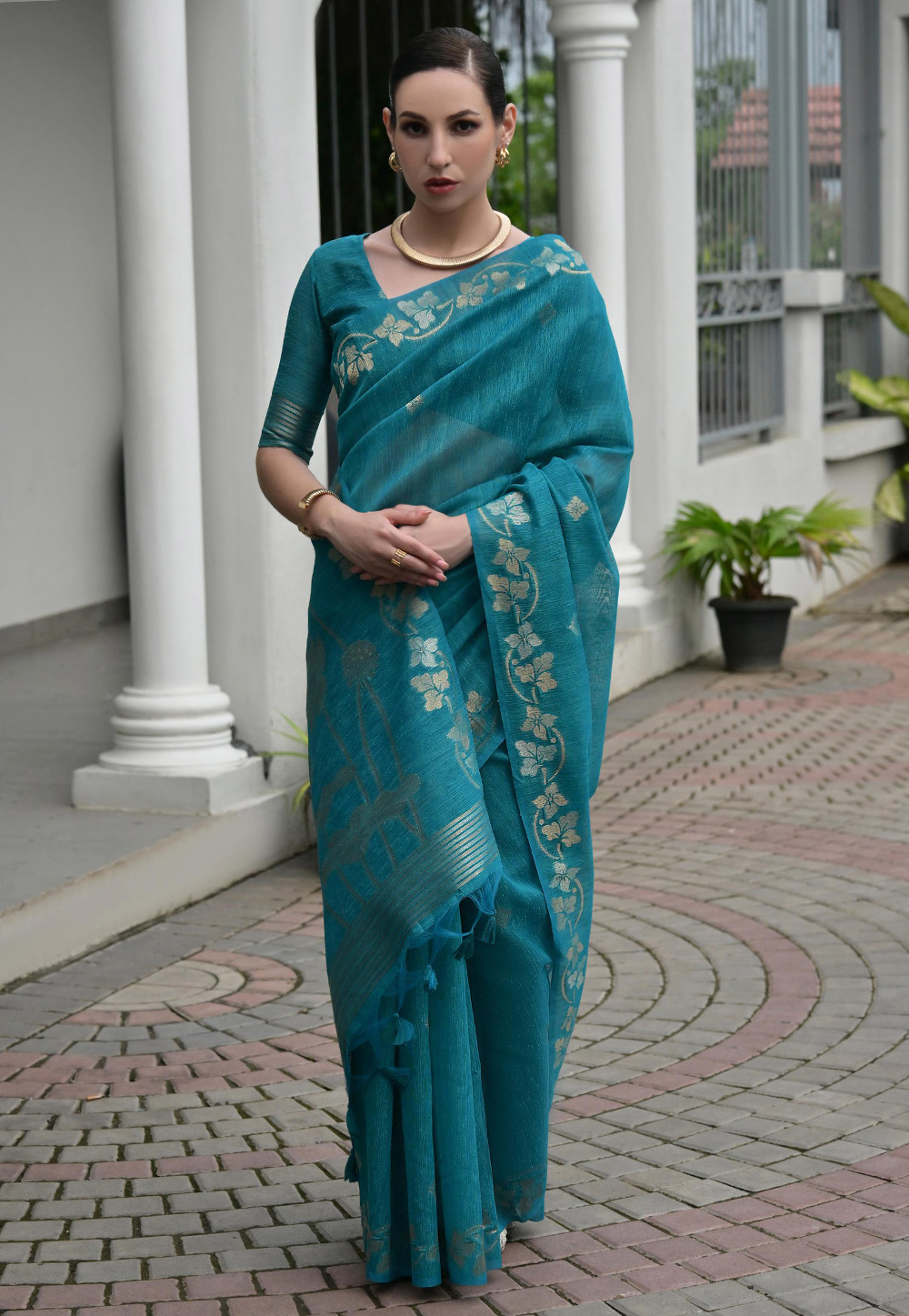 Teal Jute Saree With Blouse 325227