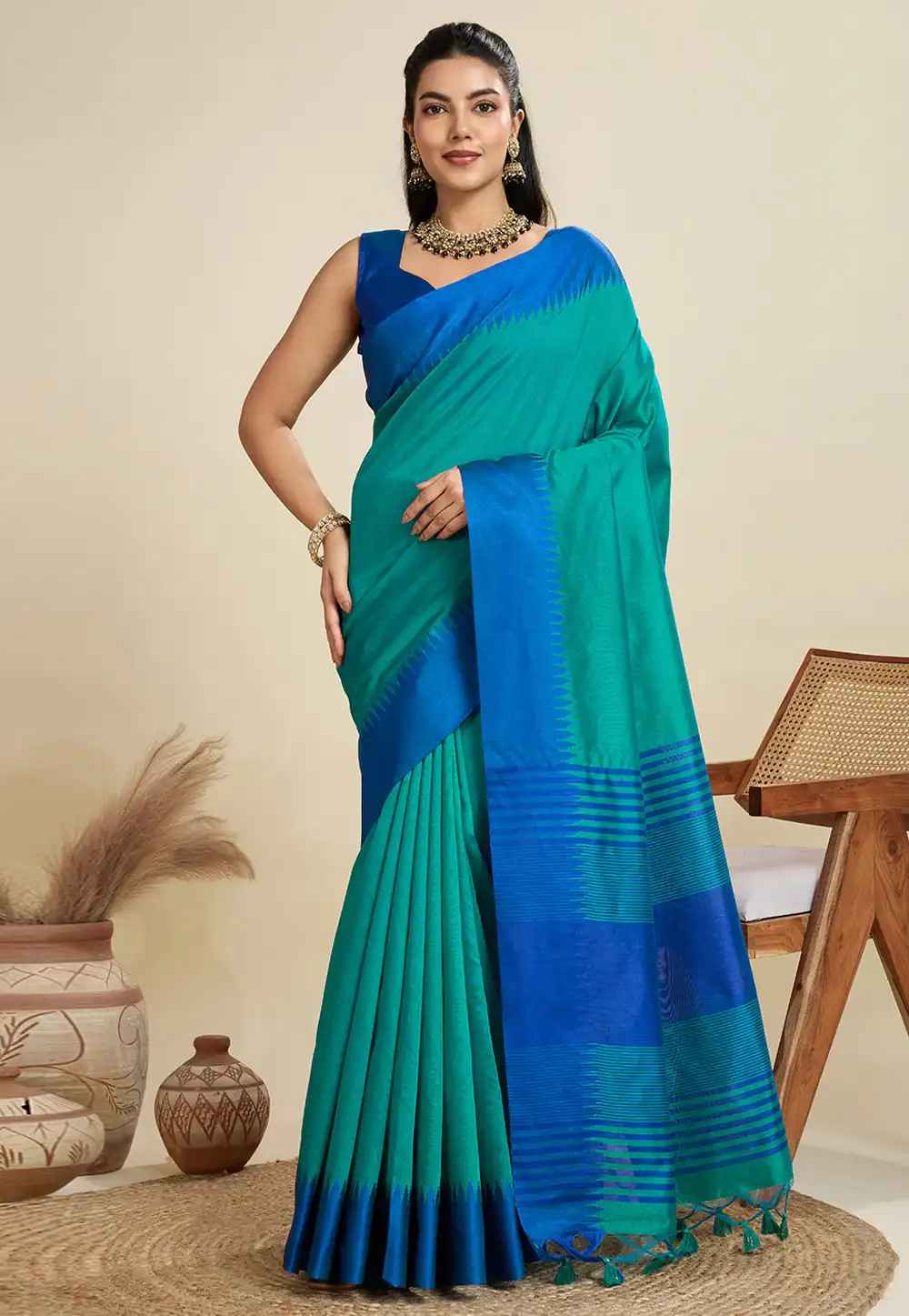 Teal Khadi Saree With Blouse 314070