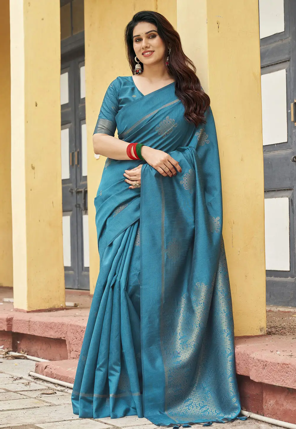 Teal Khadi Saree With Blouse 335982