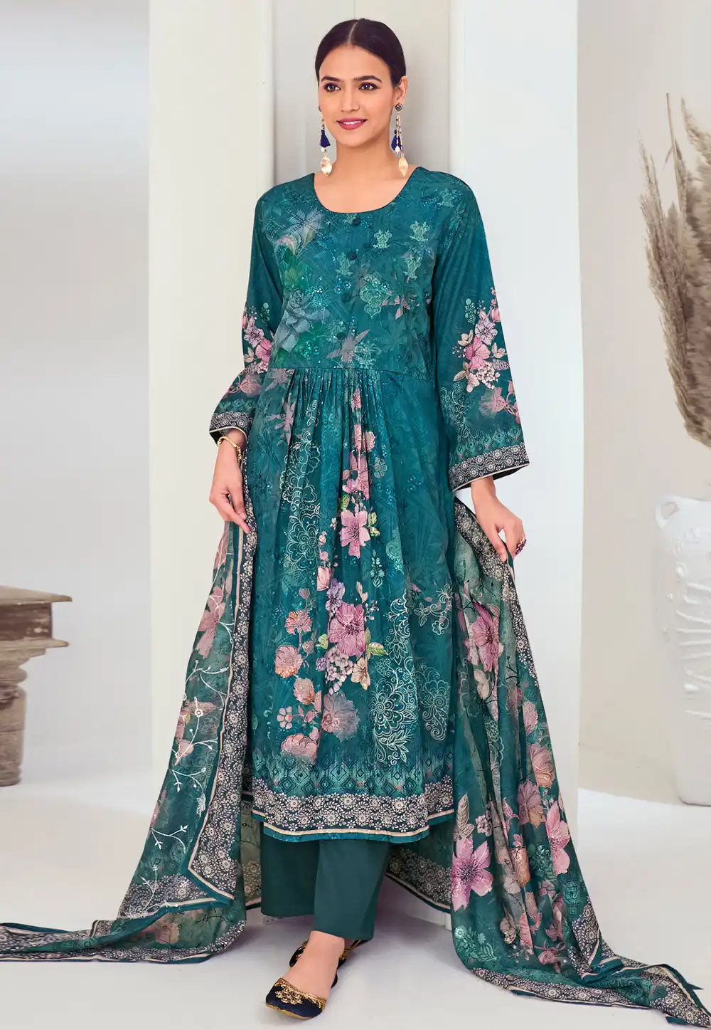Teal Muslin Palazzo Suit 313693