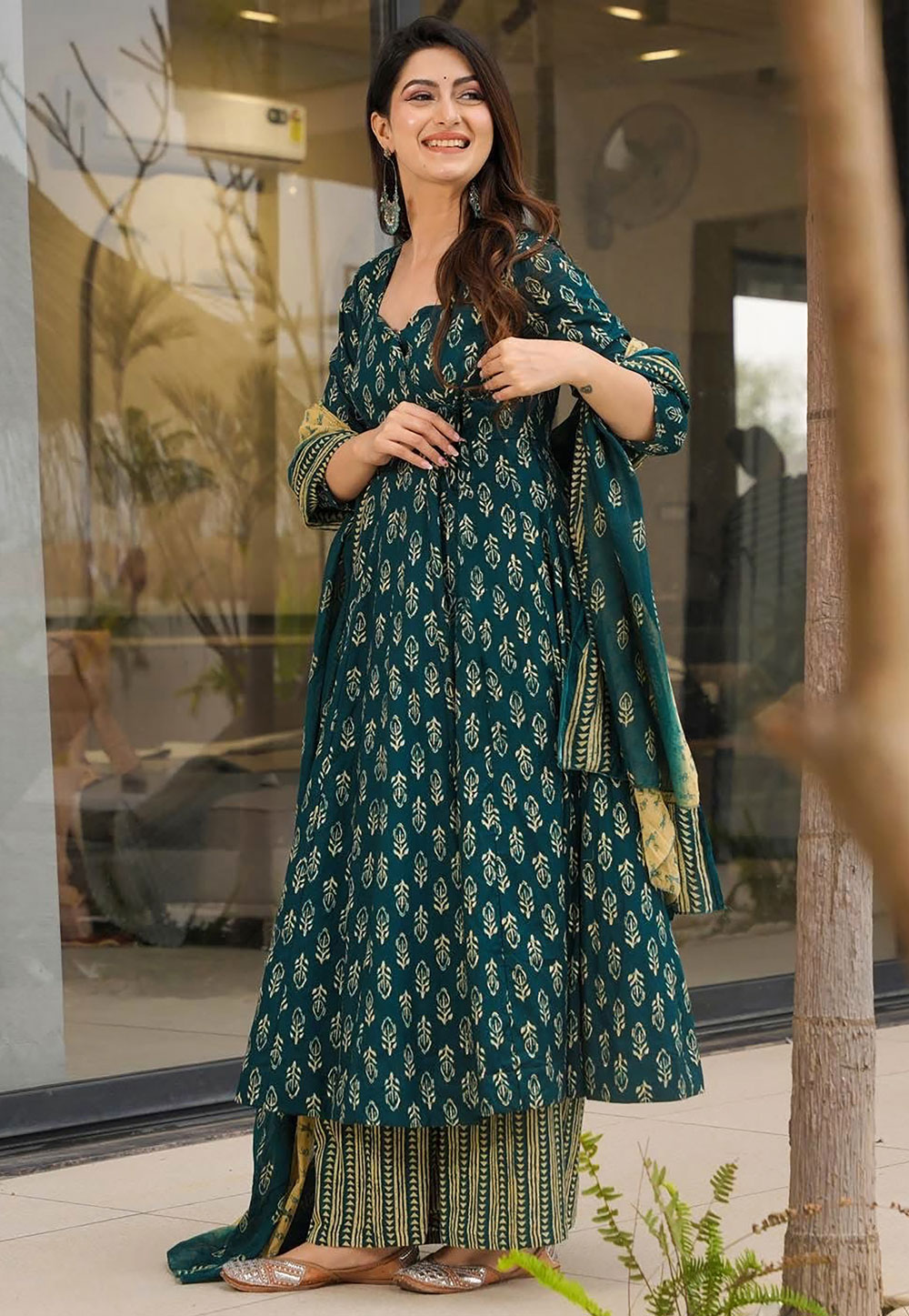 Teal Muslin Readymade Anarkali Suit 324748