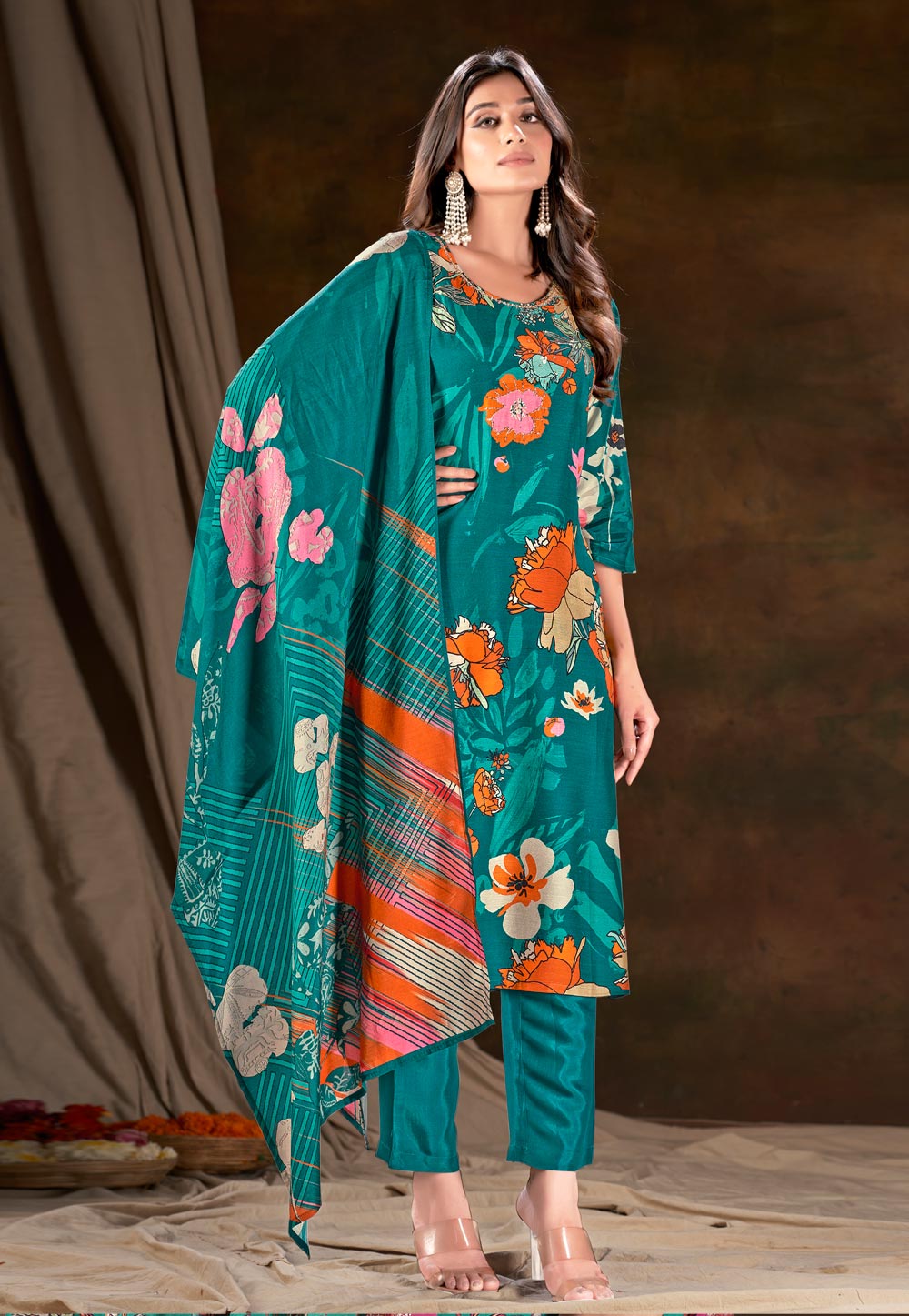 Teal Muslin Readymade Pakistani Suit 281878