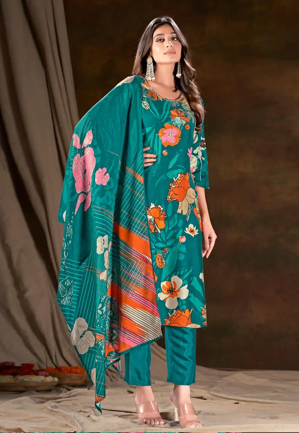 Teal Muslin Readymade Pakistani Suit 281878