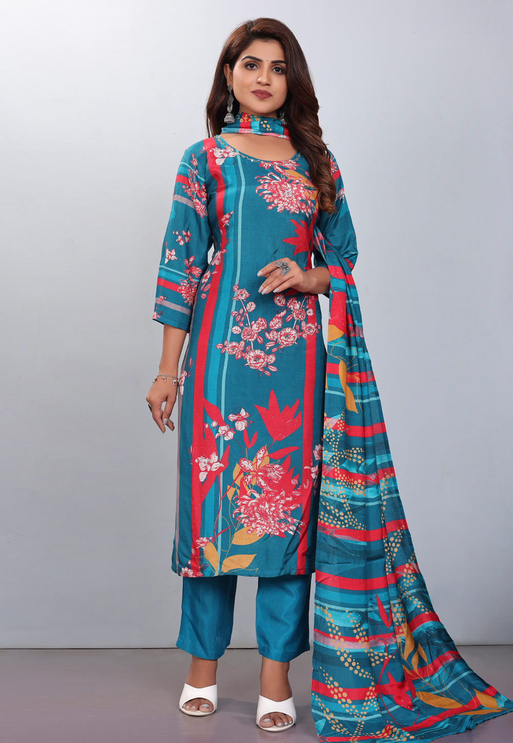 Teal Muslin Readymade Pant Style Suit 281867
