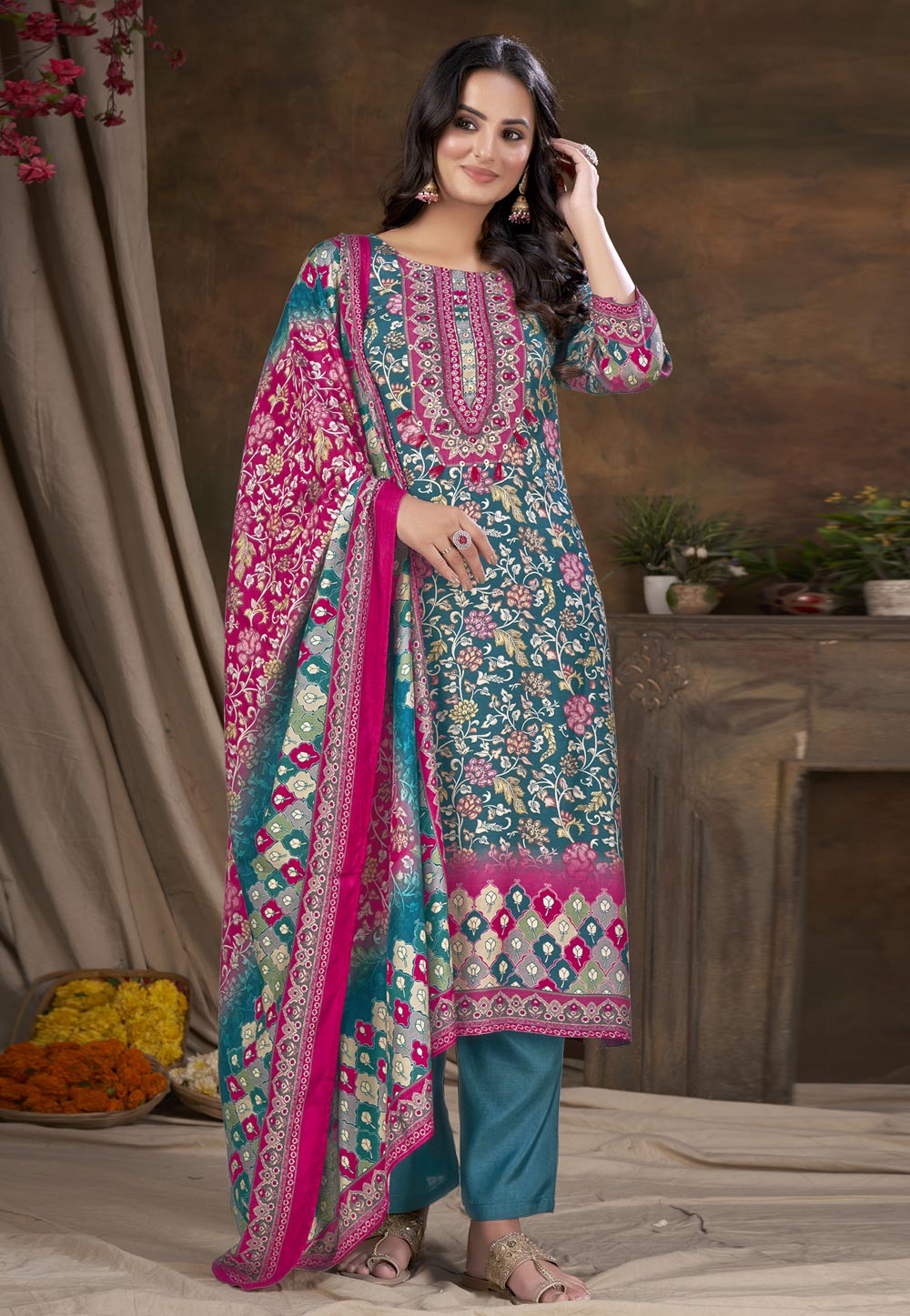 Teal Muslin Readymade Pant Style Suit 281879