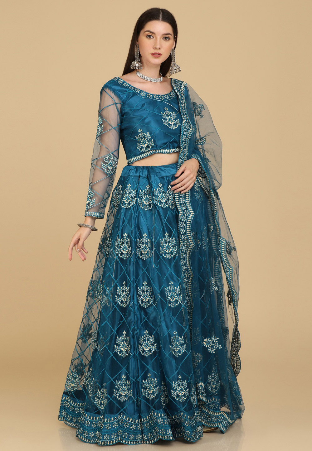 Teal Net A Line Lehenga Choli 287444