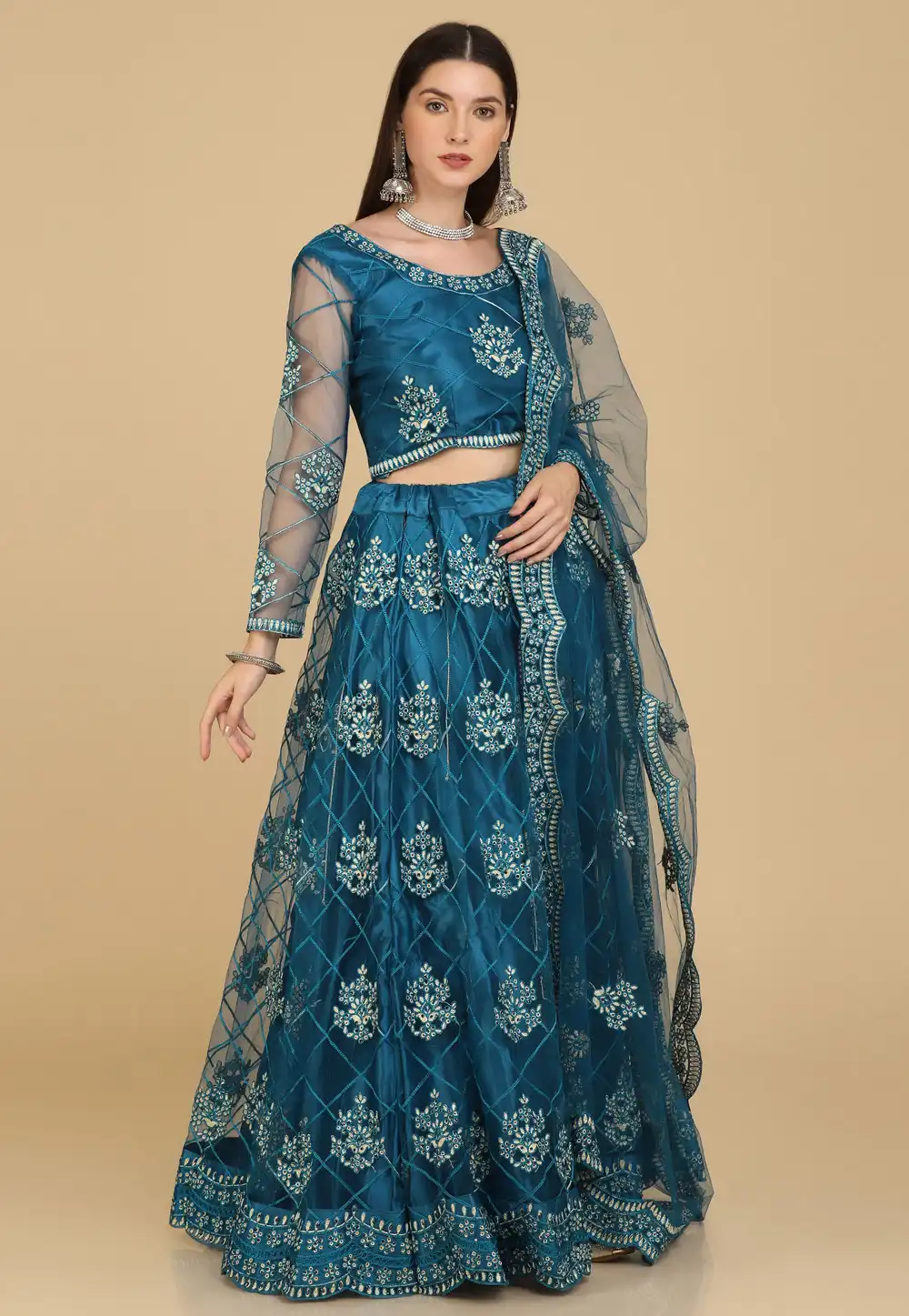 Teal Net A Line Lehenga Choli 287444