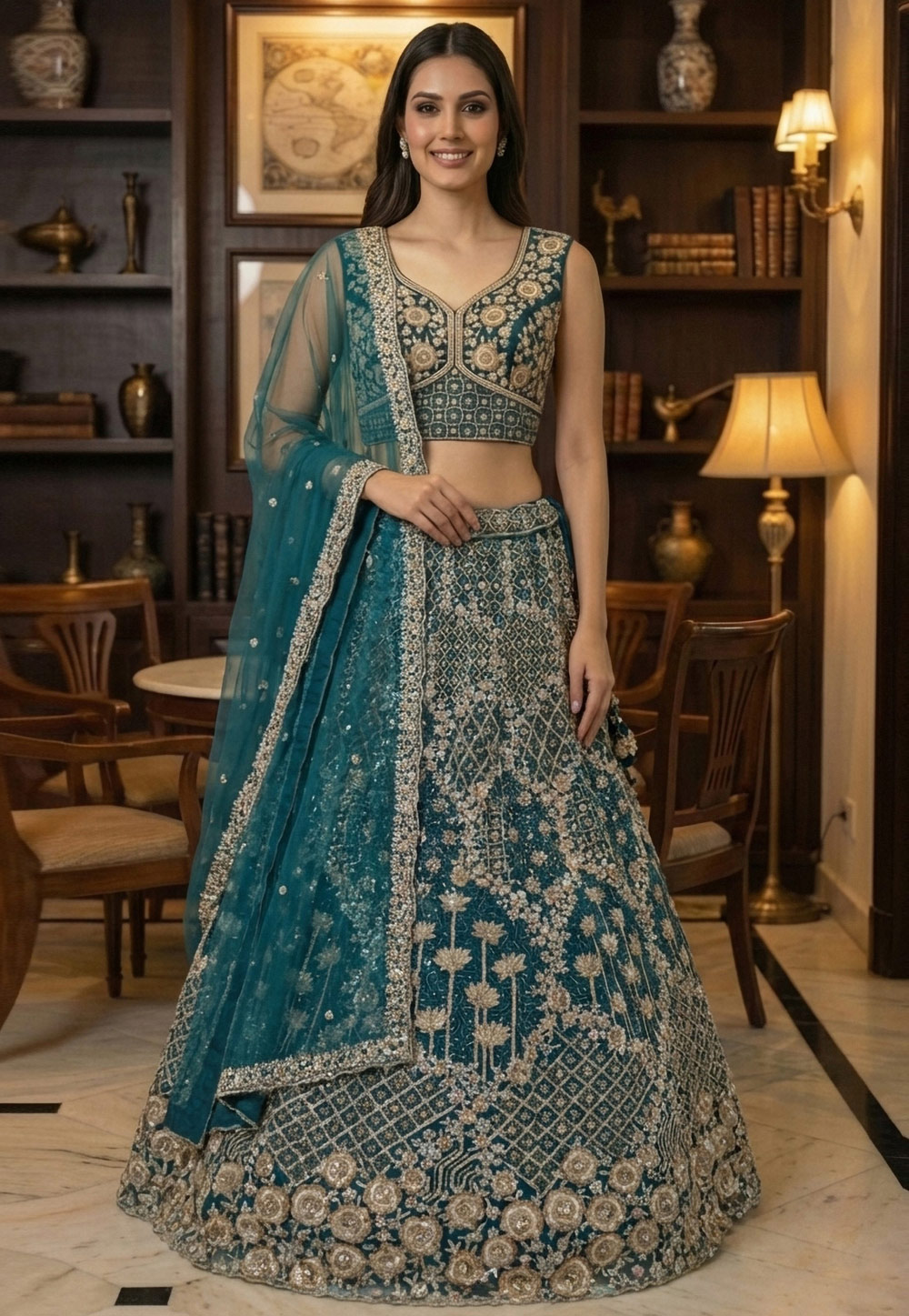 Teal Net A Line Lehenga Choli 321189