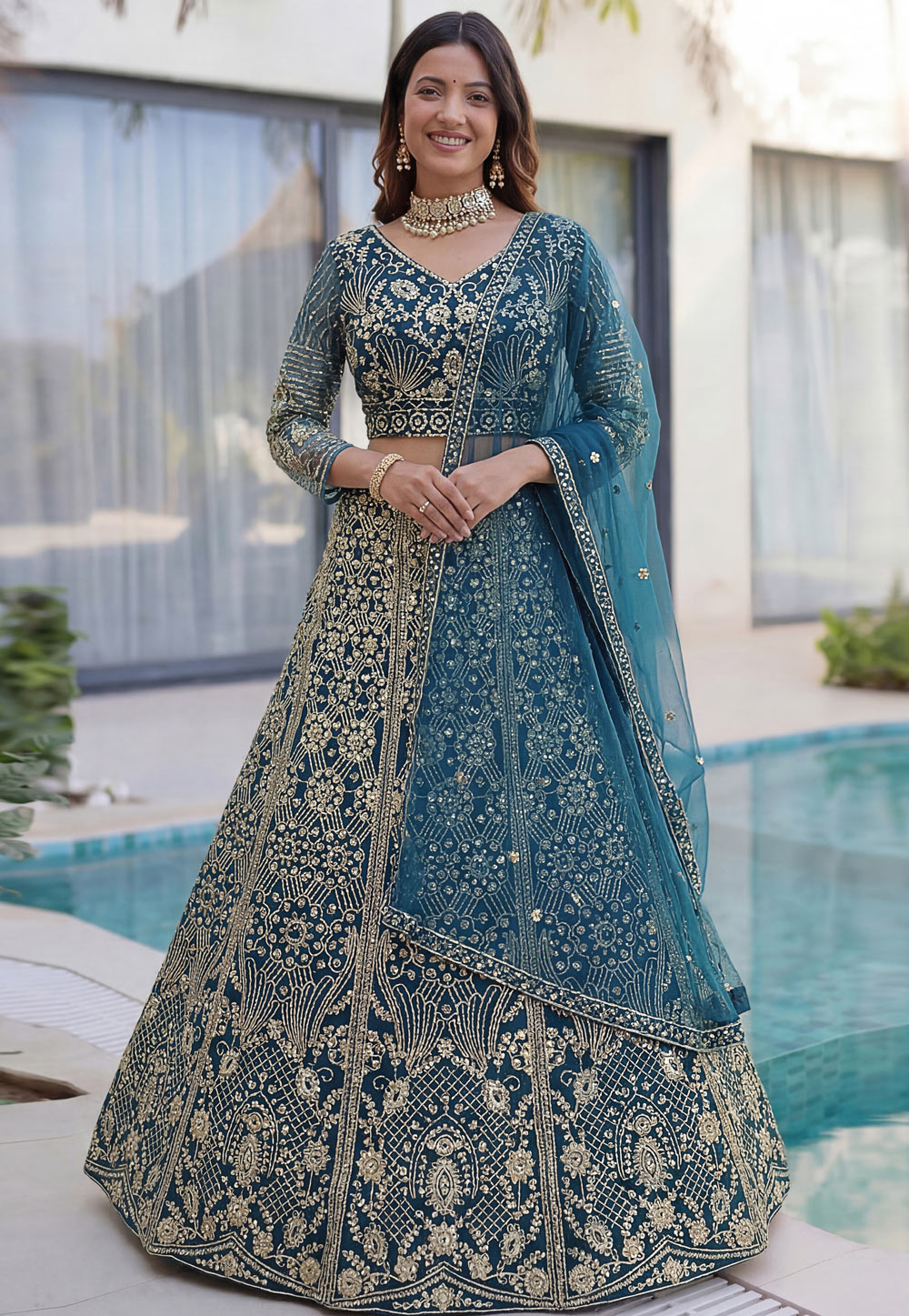 Teal Net A Line Lehenga Choli 326501
