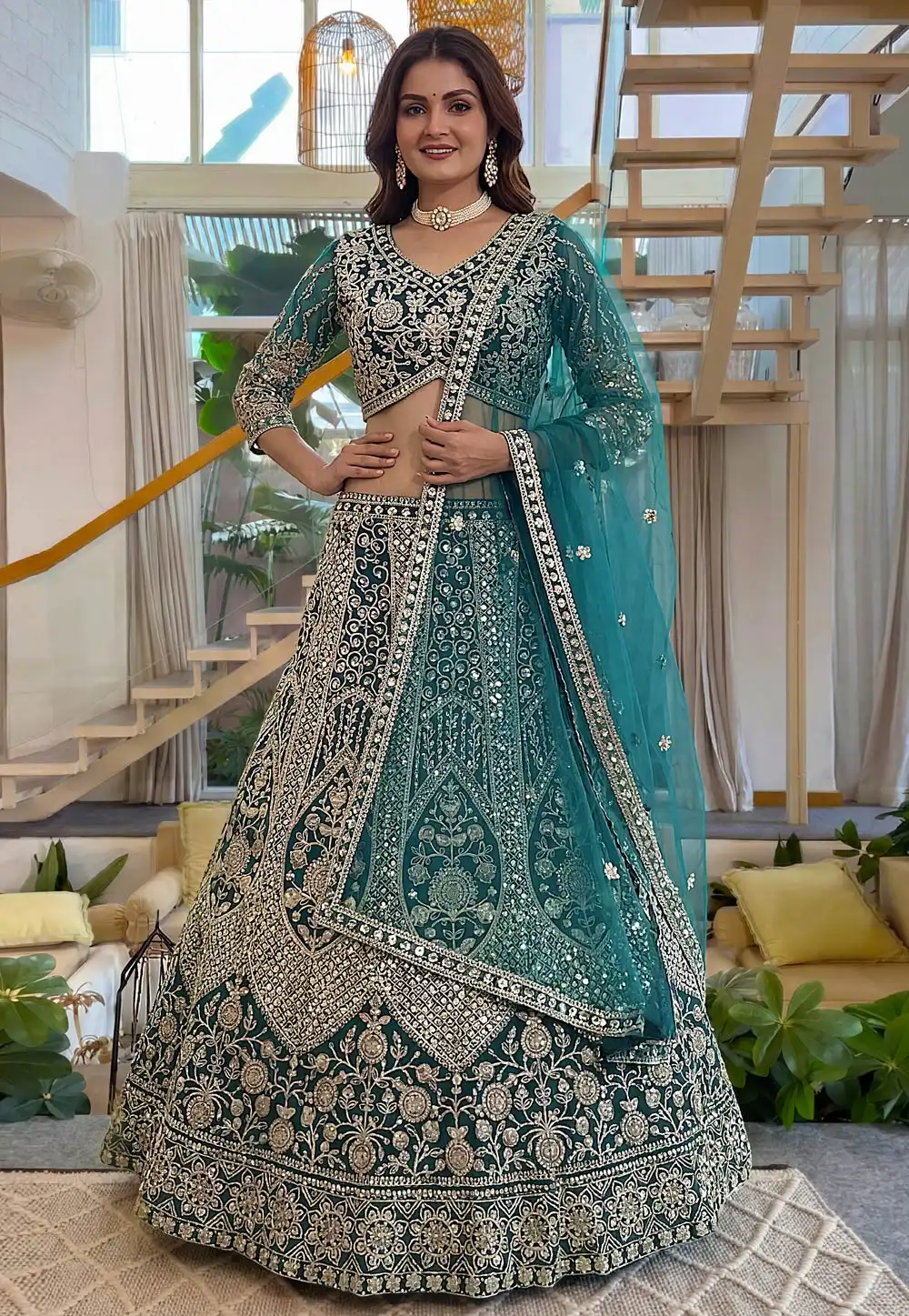 Teal Net A Line Lehenga Choli 327688