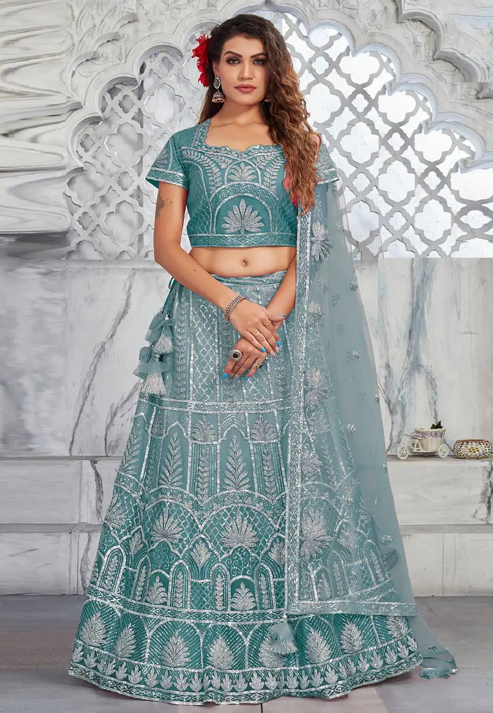 Teal Net A Line Lehenga Choli 308427