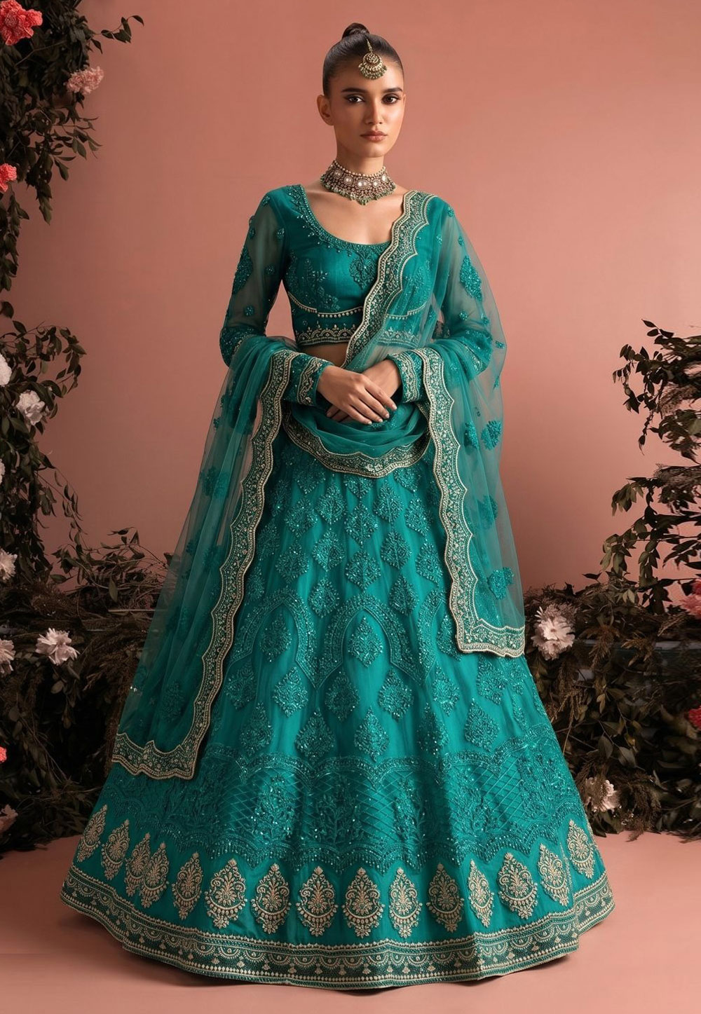 Teal Net Circular Lehenga Choli 330150