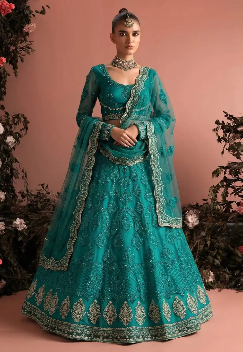 Teal Net Circular Lehenga Choli 330150