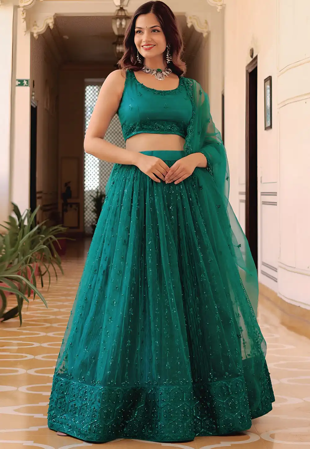 Teal Net Circular Lehenga Choli 316012