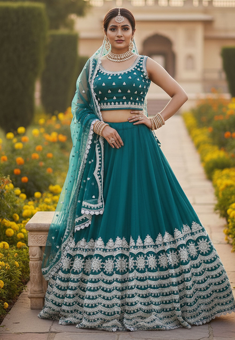 Teal Net Circular Lehenga Choli 321621