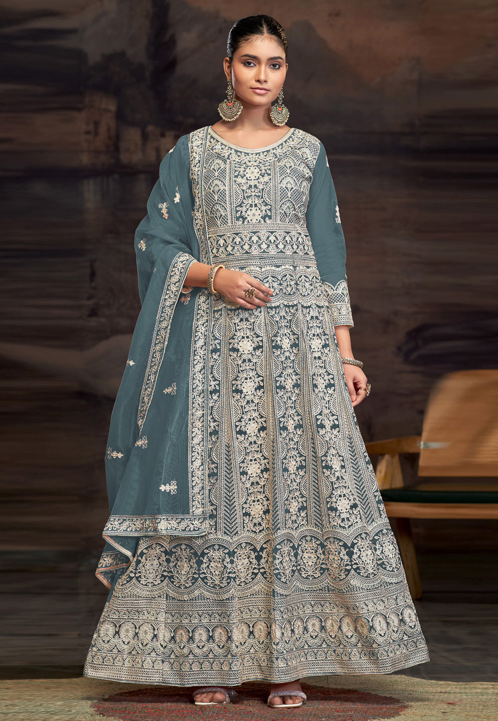 Teal Net Embroidered Long Anarkali Suit 307868