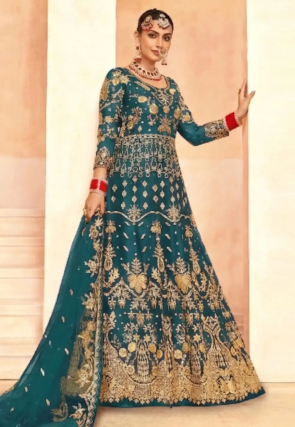 Teal Net Embroidered Long Anarkali Suit 327712