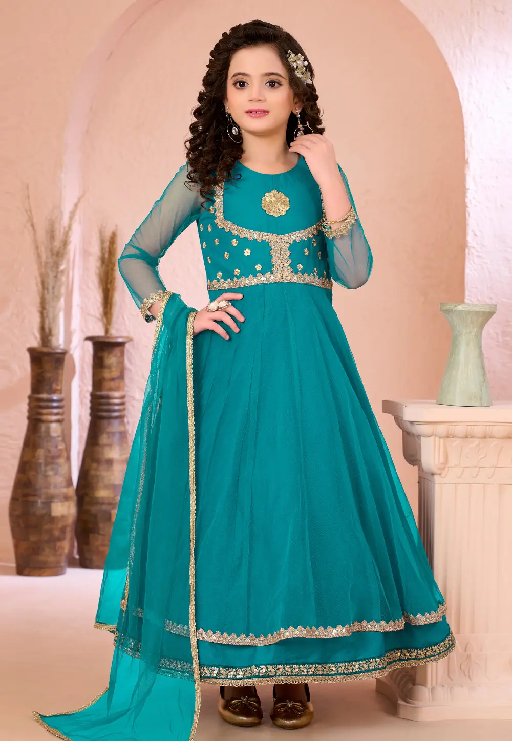 Teal Net Kids Salwar Suit 334339