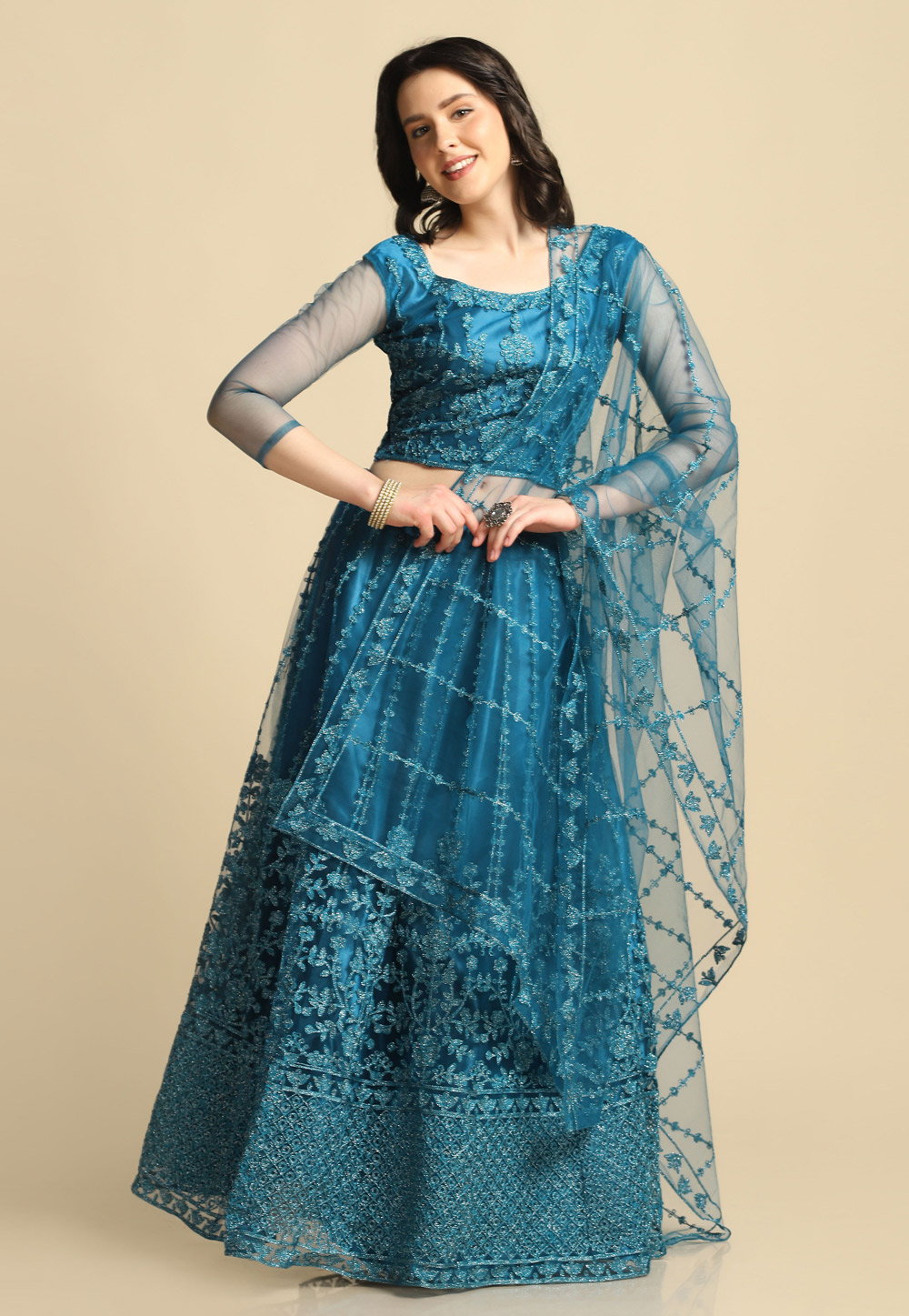 Teal Net Lehenga Choli 287452