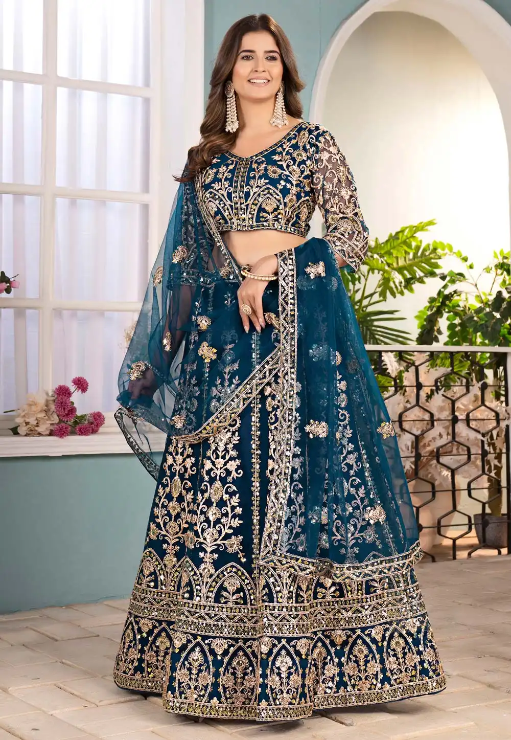 Teal Net Lehenga Choli 315865