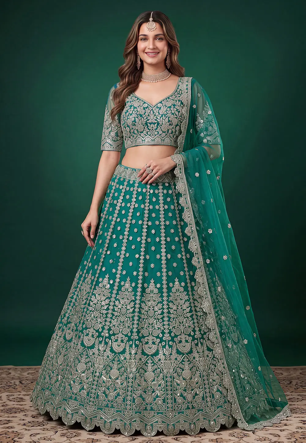 Teal Net Lehenga Choli 334505