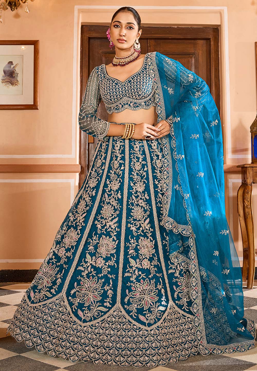 Teal Net Lehenga Choli For Wedding 319419
