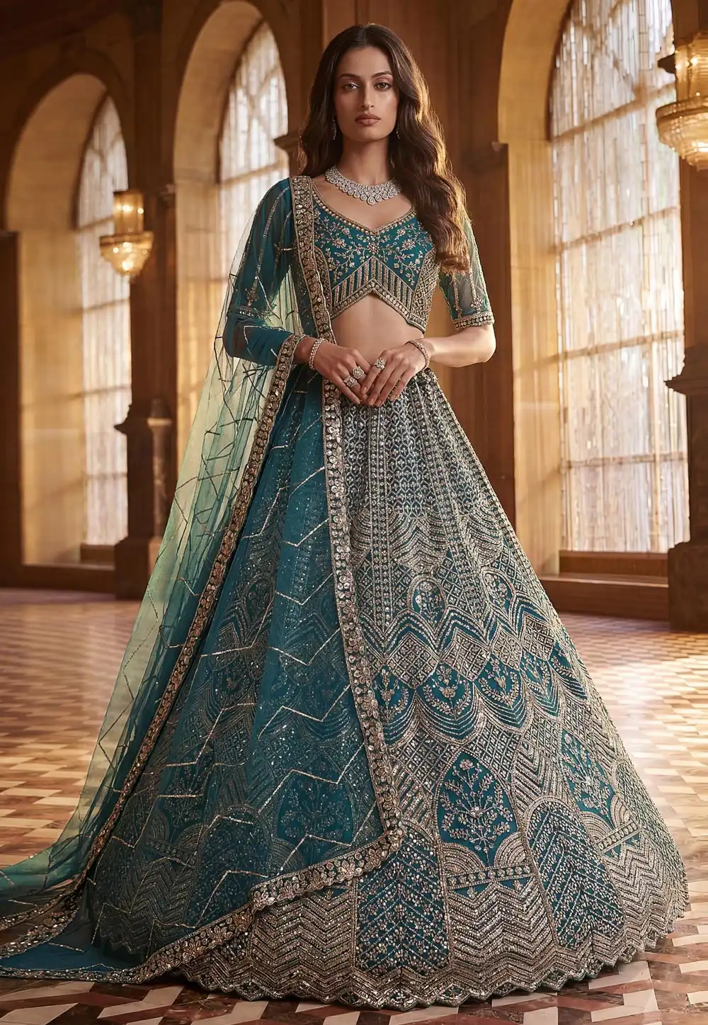 Teal Net Lehenga Choli For Wedding 330174