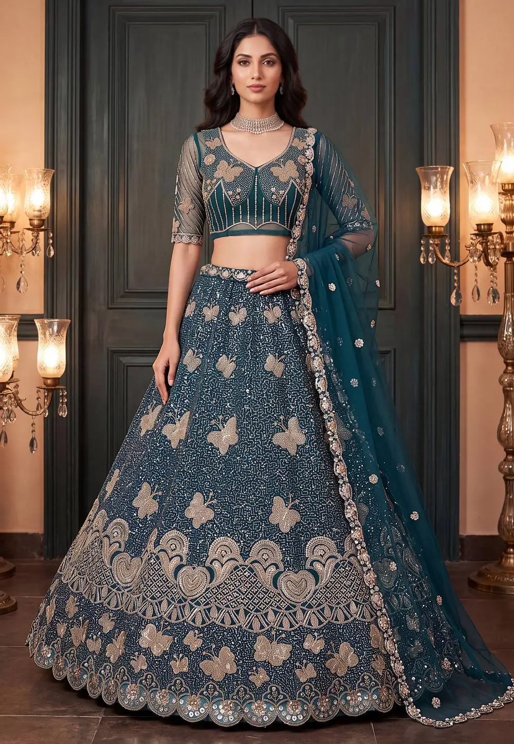 Teal Net Lehenga Choli For Wedding 335863
