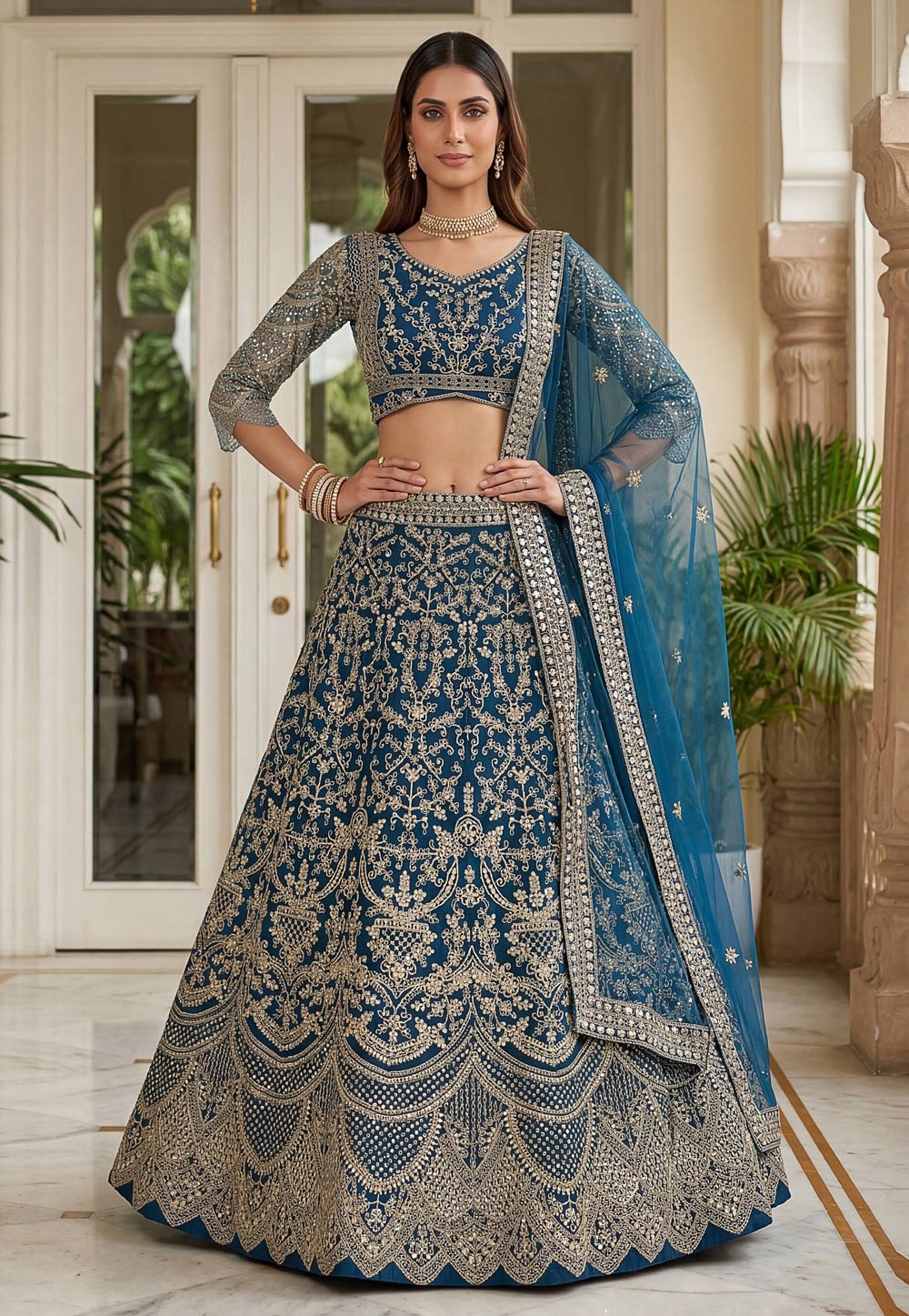 Teal Net Lehenga Choli For Wedding 325921