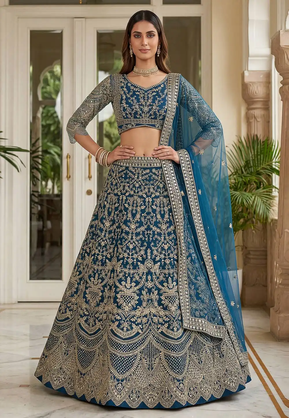 Teal Net Lehenga Choli For Wedding 325921