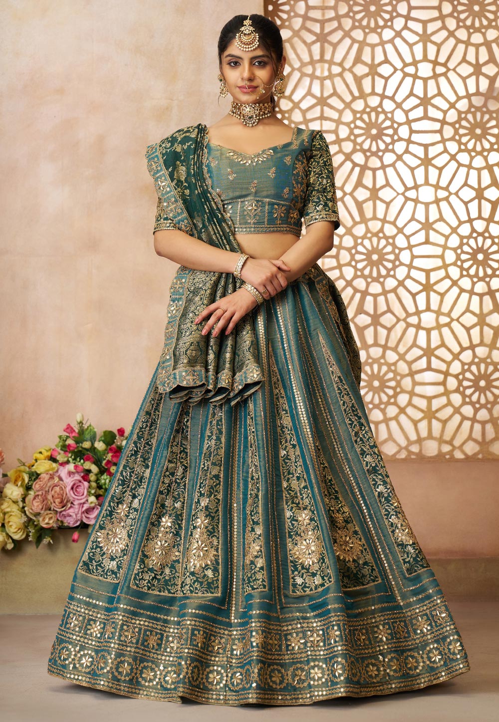 Teal Net Lehenga Choli 309019