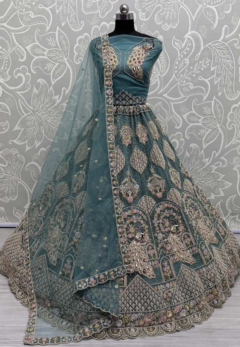 Teal Net Net Wedding Lehenga Choli 311327