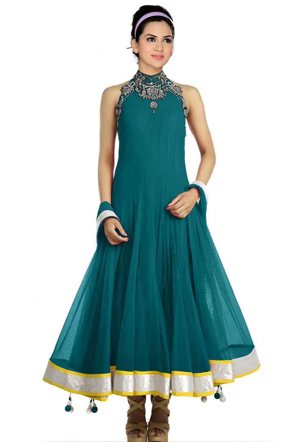 Teal Net Readymade Anarkali Suit 321754
