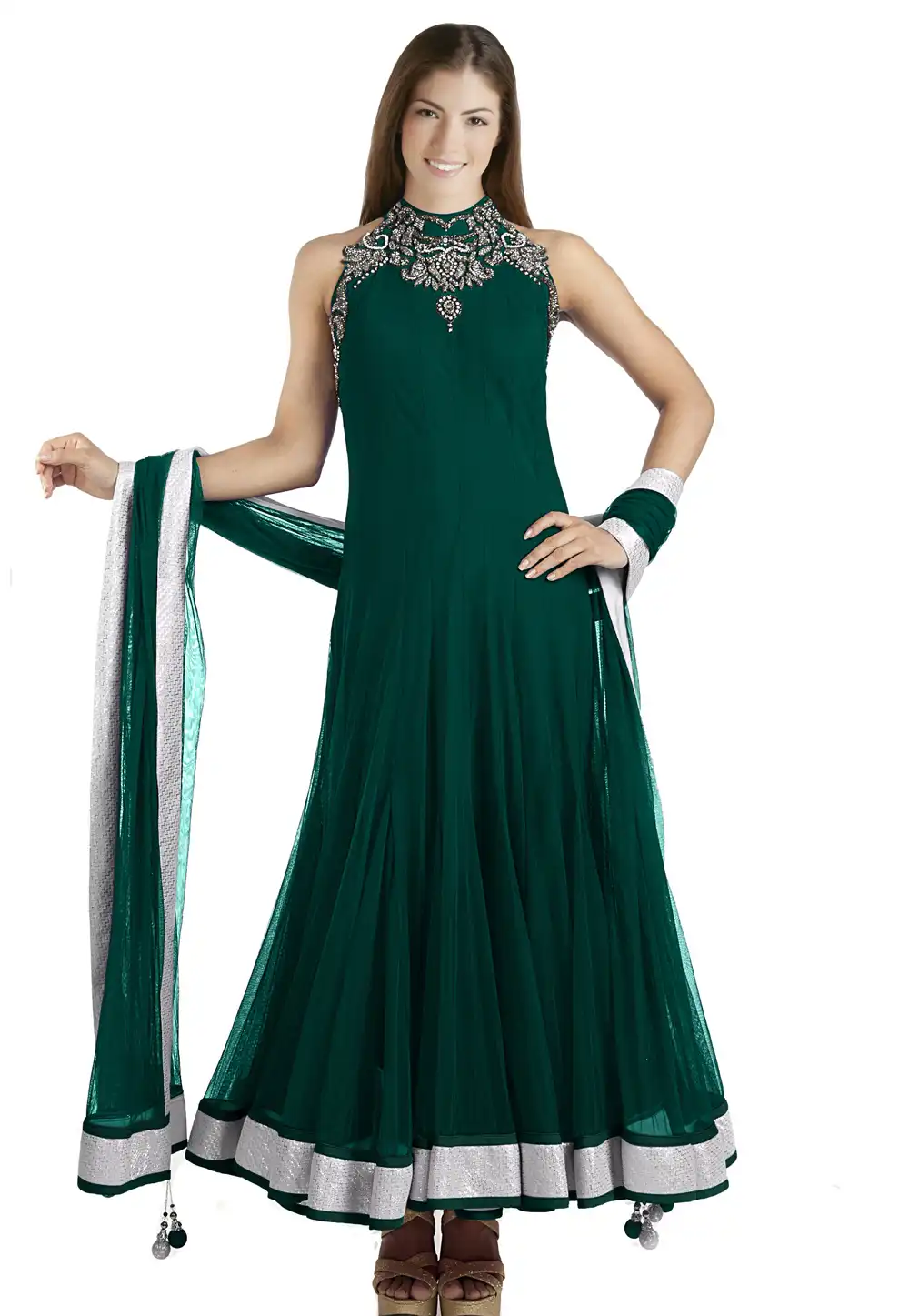 Teal Net Readymade Long Anarkali Suit 321763