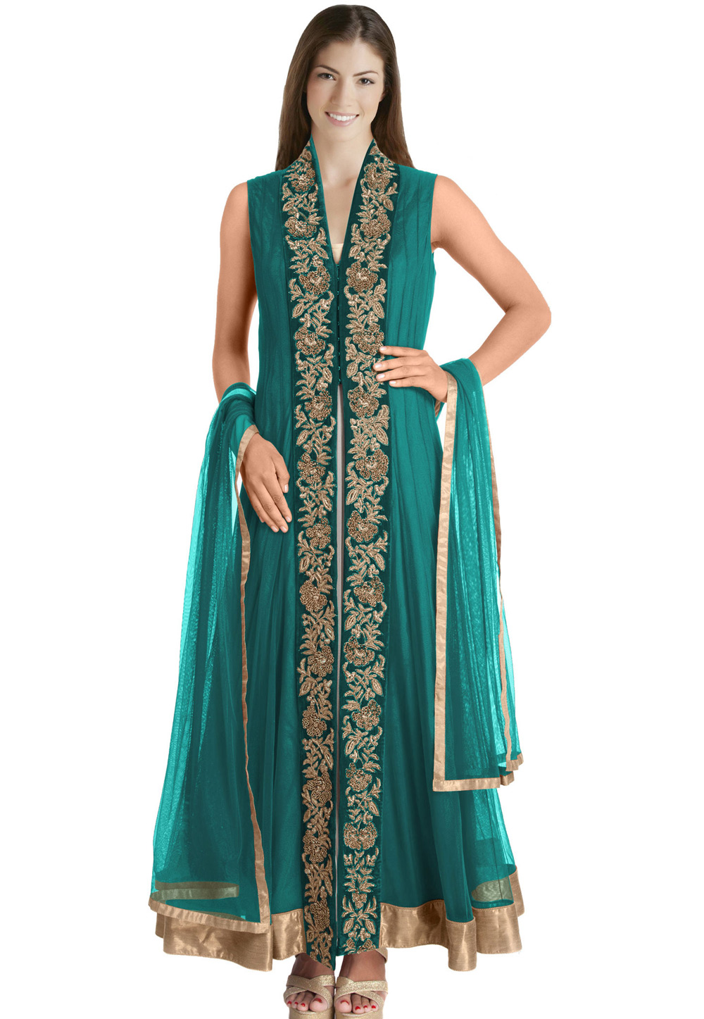 Teal Net Readymade Long Anarkali Suit 321766