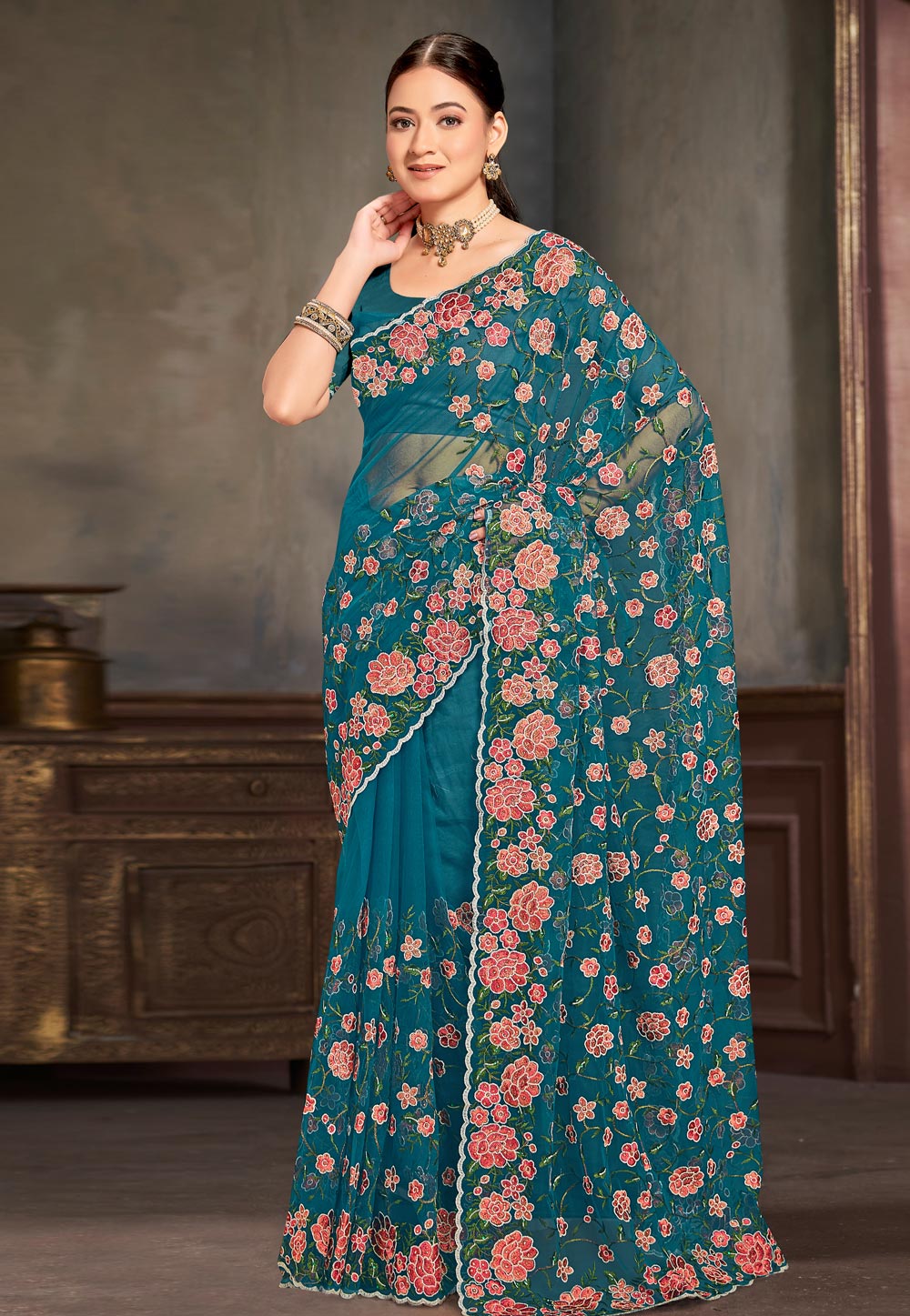 Teal Net Saree With Blouse 306761