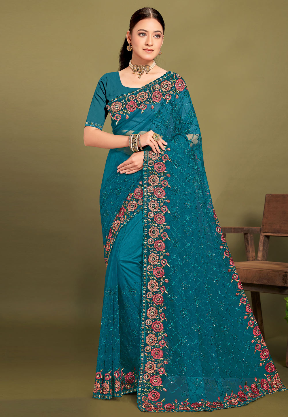 Teal Net Saree With Blouse 306755
