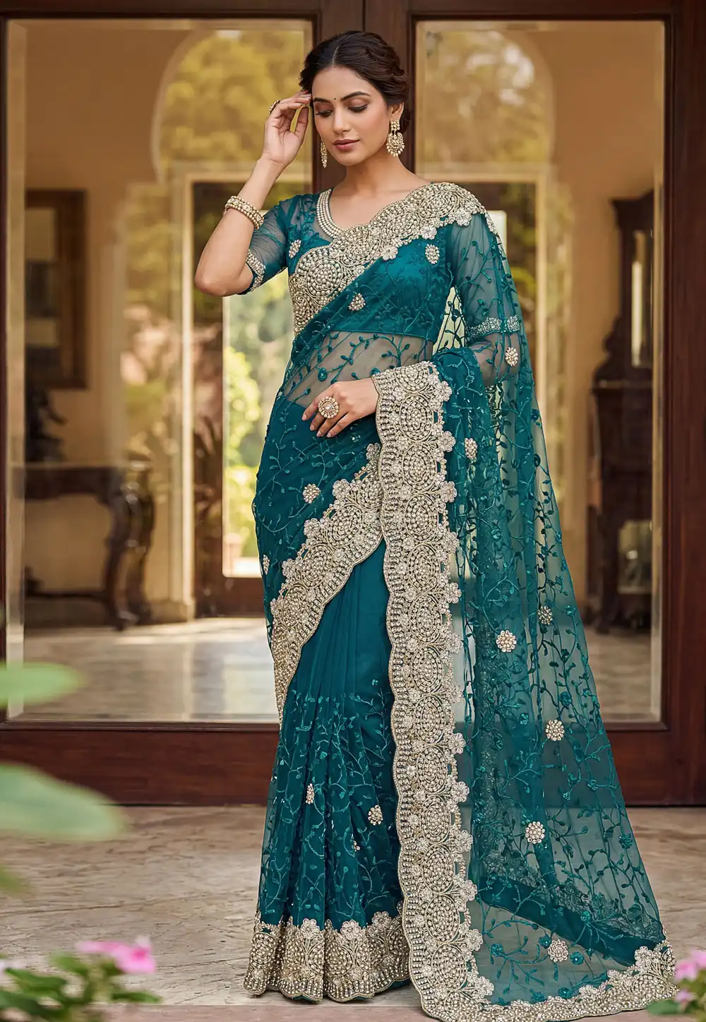 Teal Net Saree With Blouse 328069