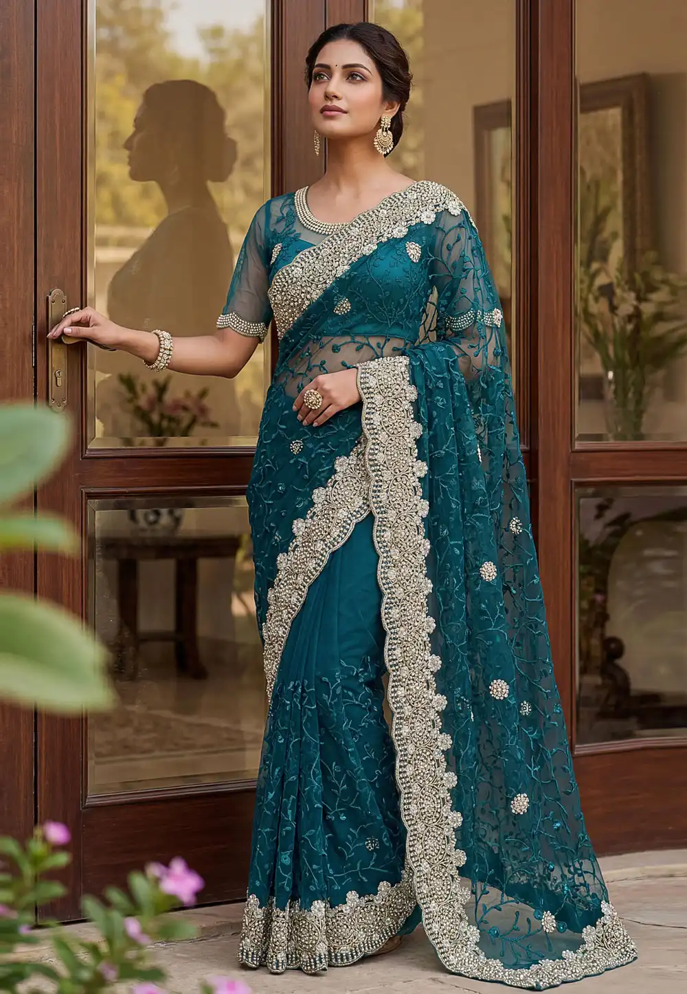 Teal Net Saree With Blouse 330564