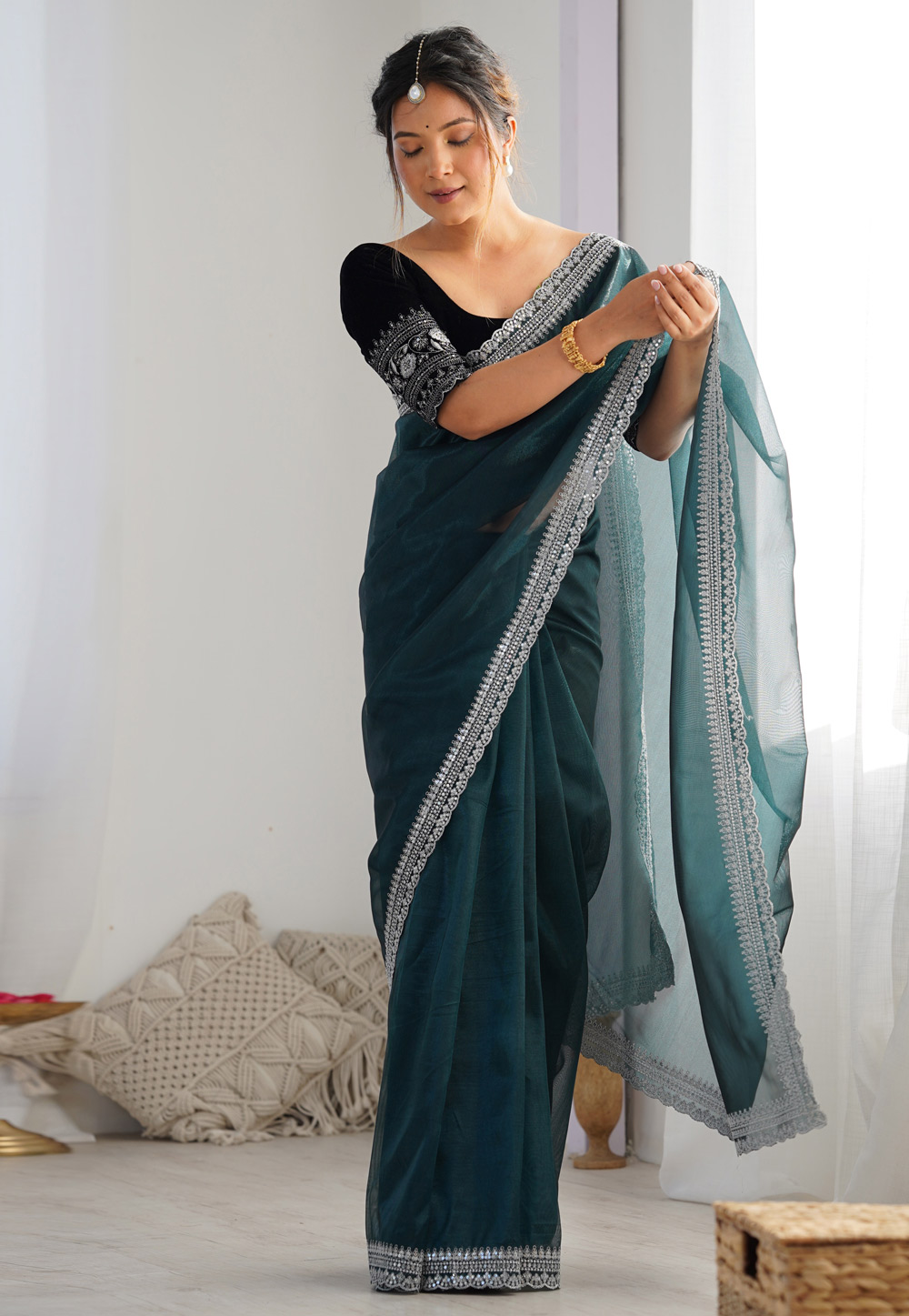 Teal Net Saree With Blouse 312275