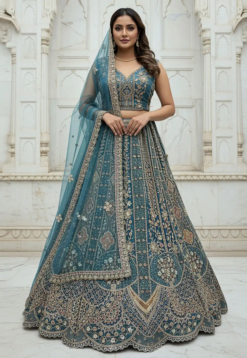 Teal Organza Lehenga Choli 320223