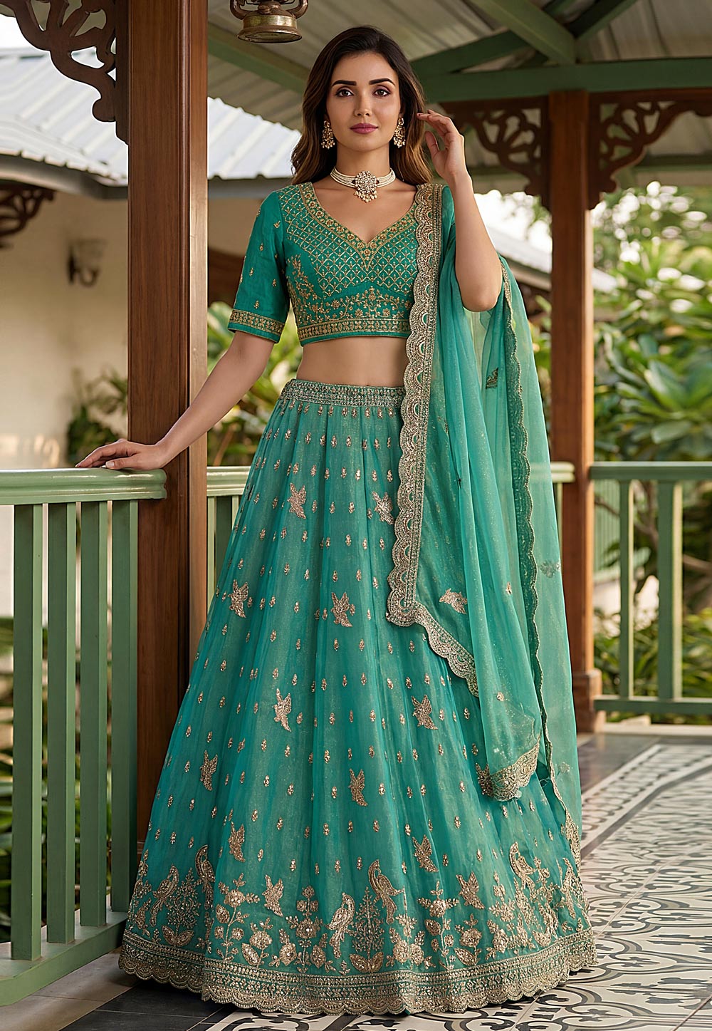 Teal Organza Lehenga Choli For Wedding 329246