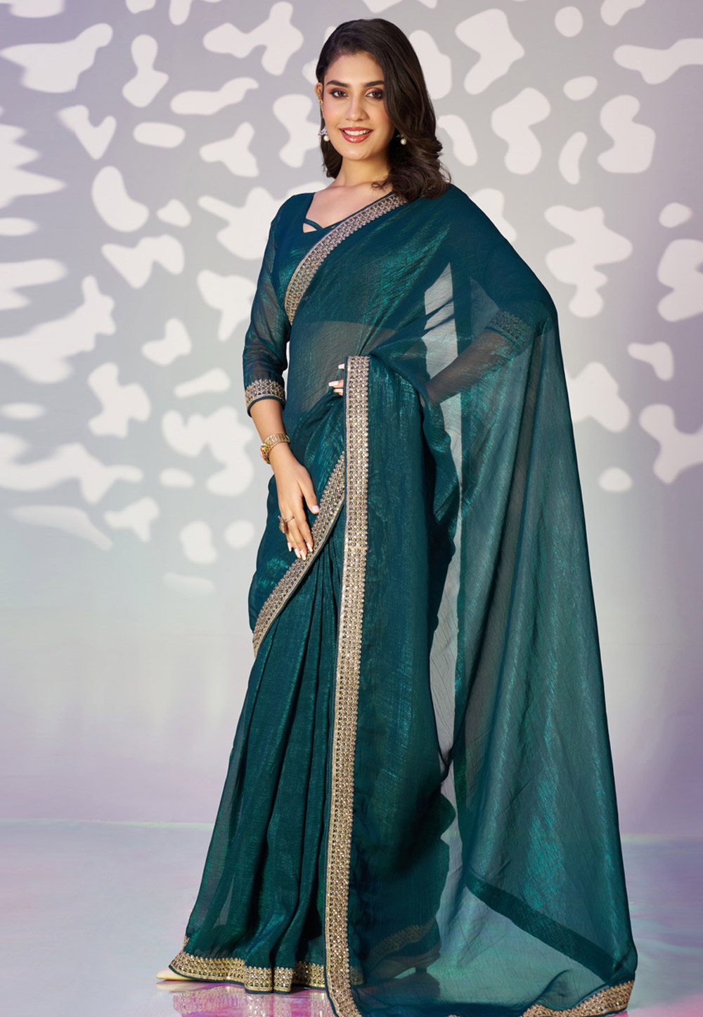 Teal Organza Lehenga Saree 323939