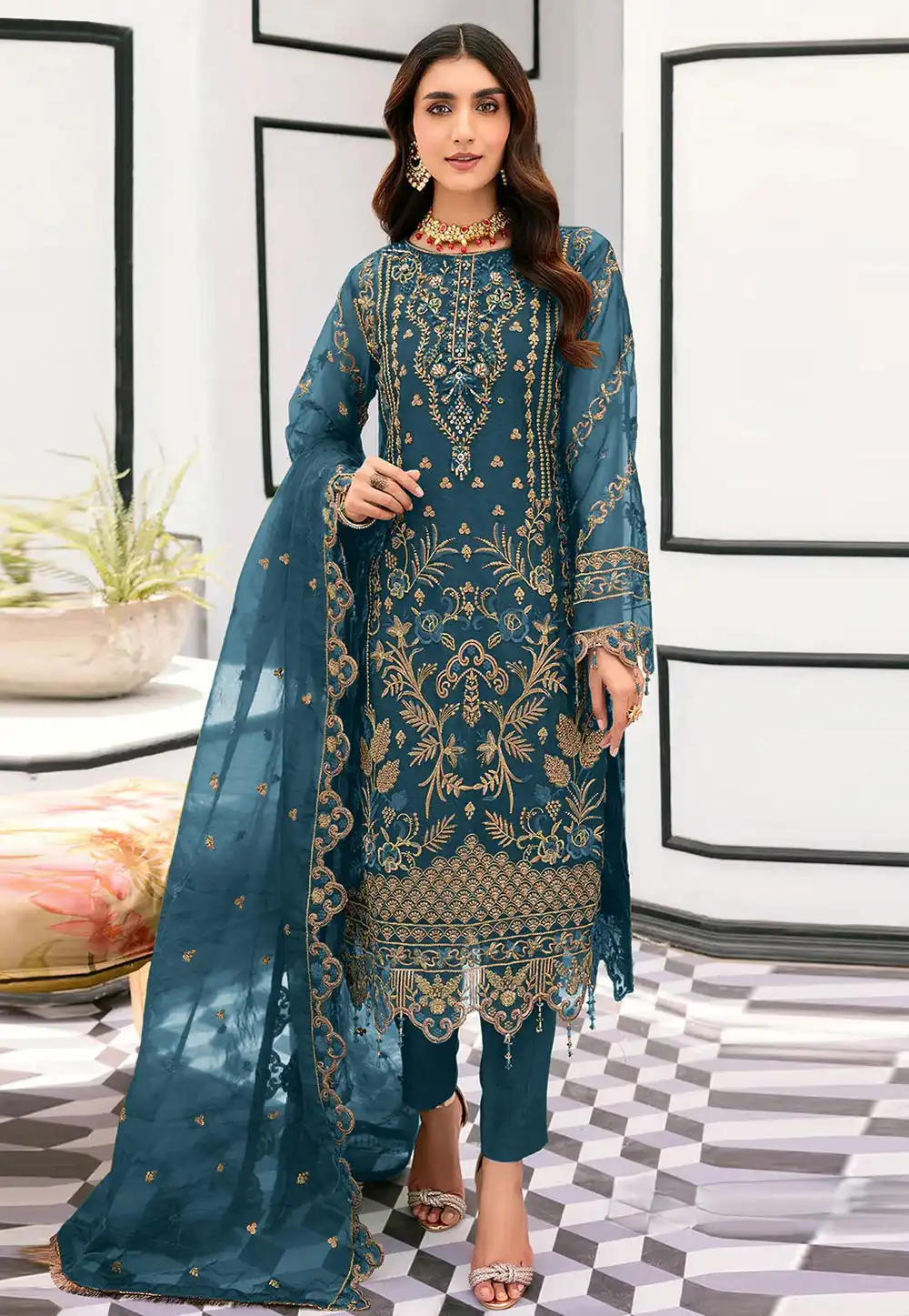 Teal Organza Pakistani Suit 327274