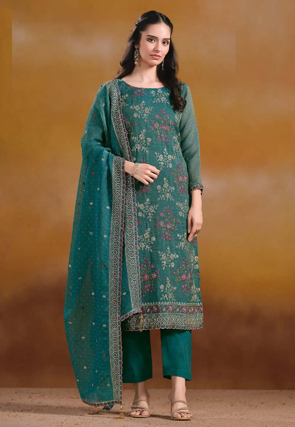 Teal Organza Pant Style Suit 336765