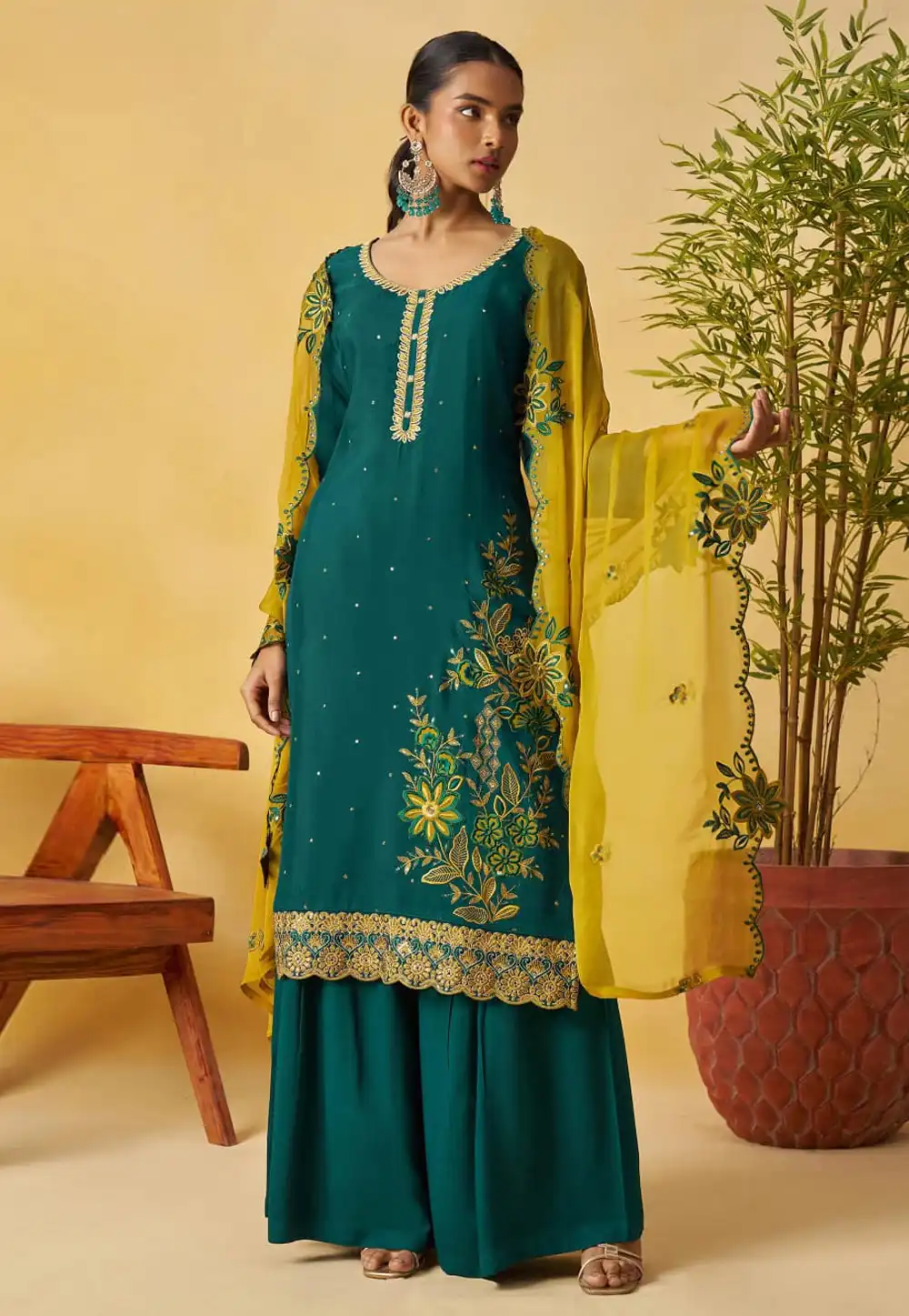 Teal Organza Readymade Pakistani Suit 317195