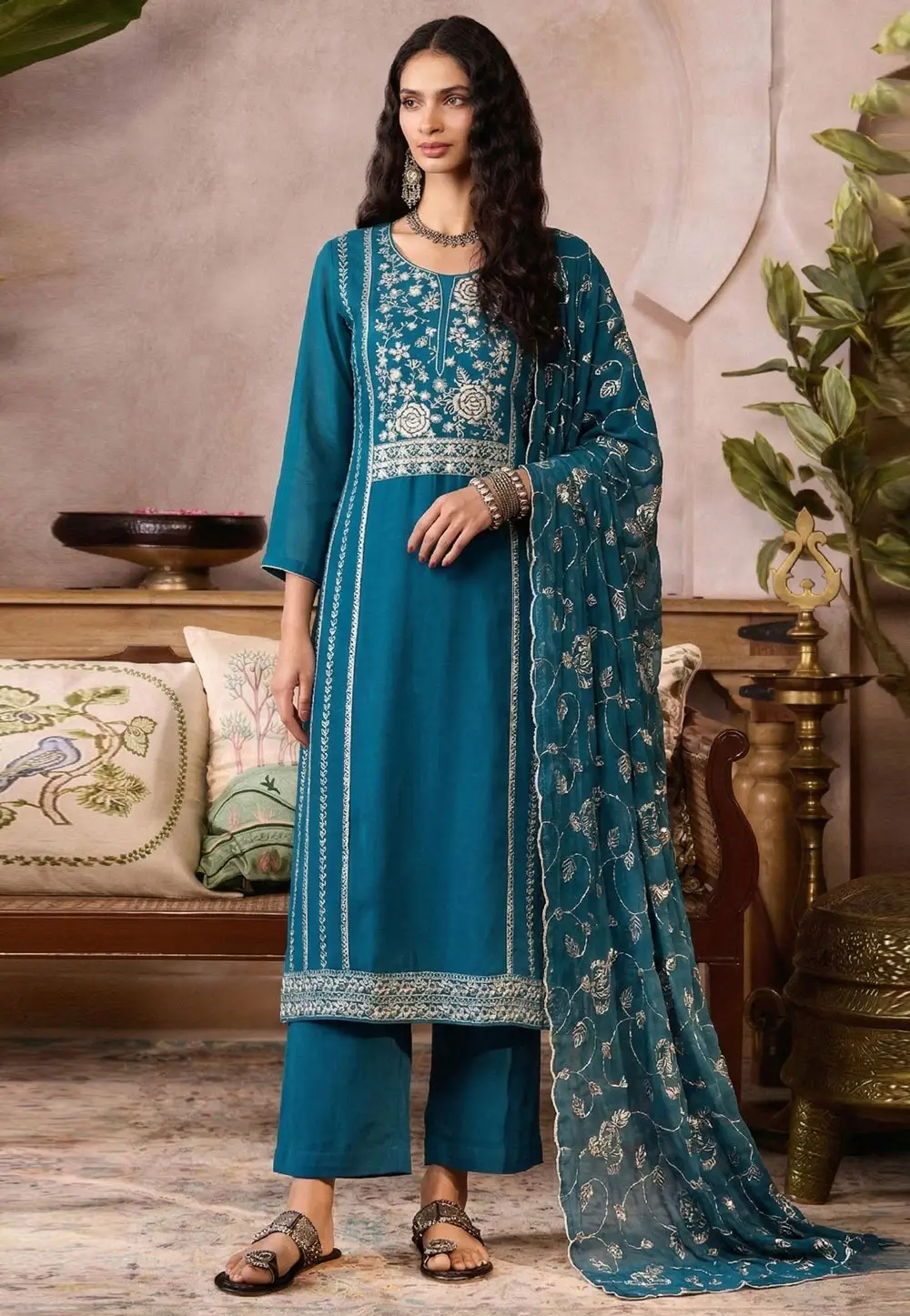 Teal Organza Readymade Straight Suit 332617