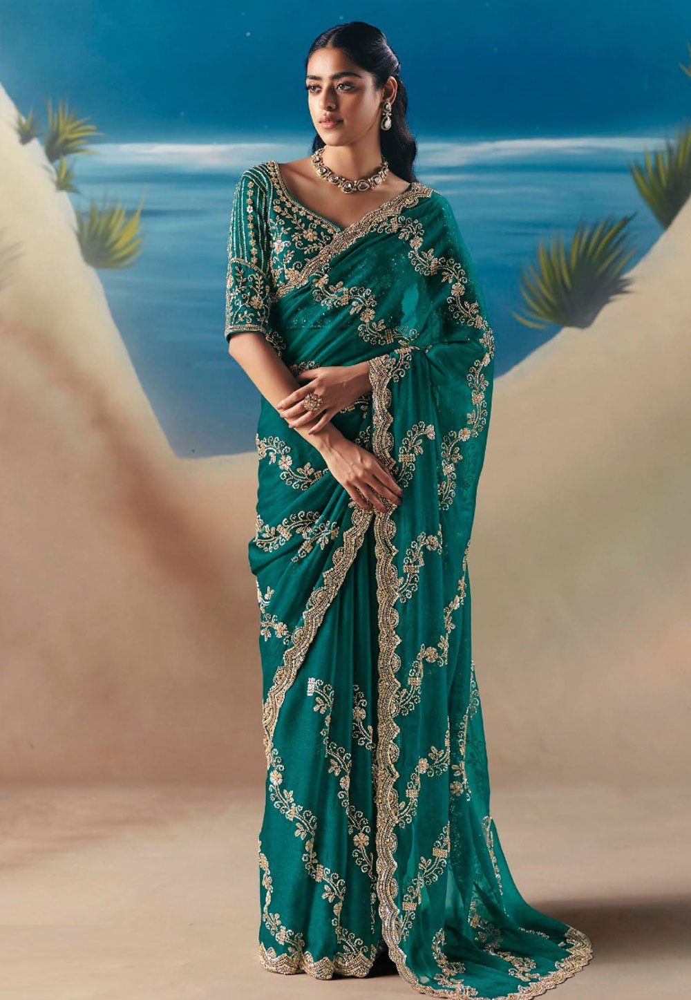 Teal Organza Saree With Blouse 318477